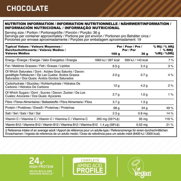 Nährwerte und Zutaten Optimum Nutrition Gold Standard 100% Plant (684g Dose) (Schokolade, 1 Stk., 684 g)