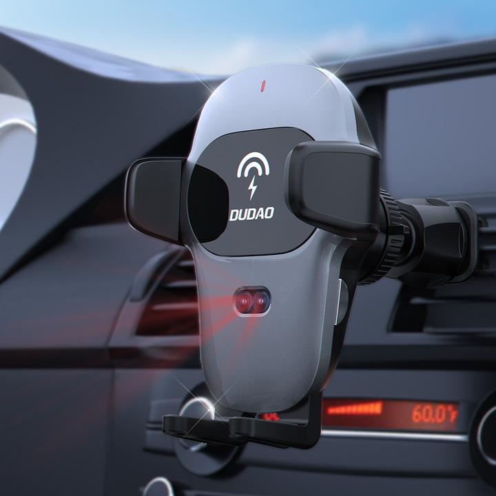 Actual product image Dudao car holder with built-in Qi wireless charger 15W grey (F20xs)