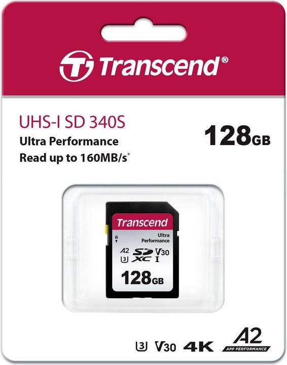 Actual product image Transcend SD Card SDXC SDC340S 160/90 MB/s (128 GB, SDXC, U3, UHS-I)