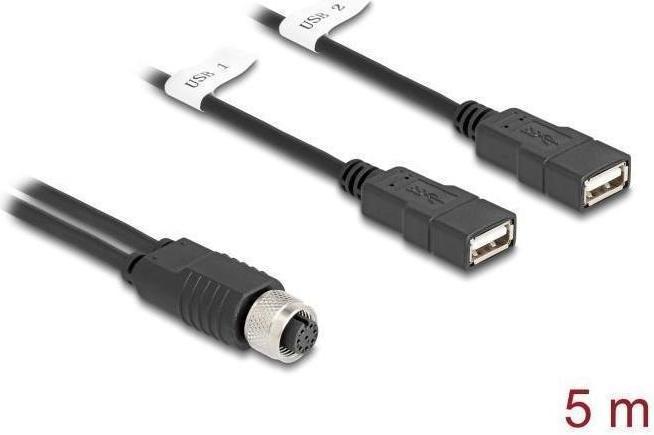 Actual product image Delock M12 cable A-coded 8 pin socket to 2 x USB 2.0 type-A (5 m, USB 2.0)
