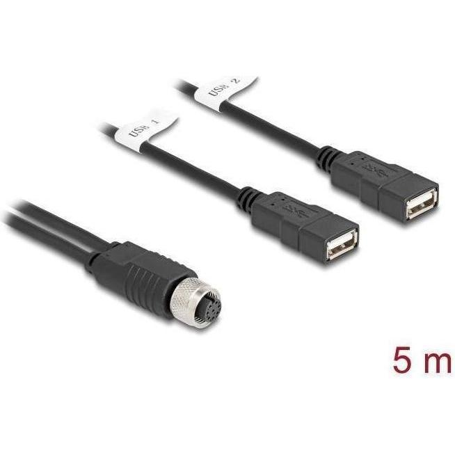Delock M12 Kabel A-kodiert 8 Pin Buchse zu 2 x USB 2.0 Typ-A (5 m, USB 2.0), USB Kabel