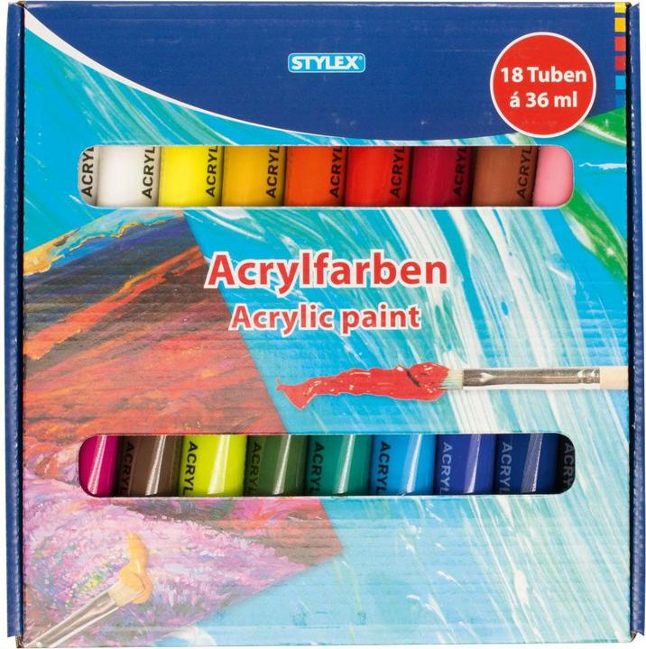 Productafbeelding Stylex Acrylverf 18s 36 ml veelkleurig (Oranje, Rood, Black, Blauw, Groen, Geel, Bruin, Wit, 36 ml)