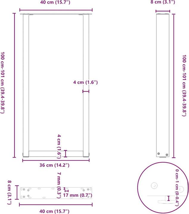 Image du produit vidaXL Pieds de table basse en U 2 pcs. Blanc 40x(100-101) cm Pied de table en acier
