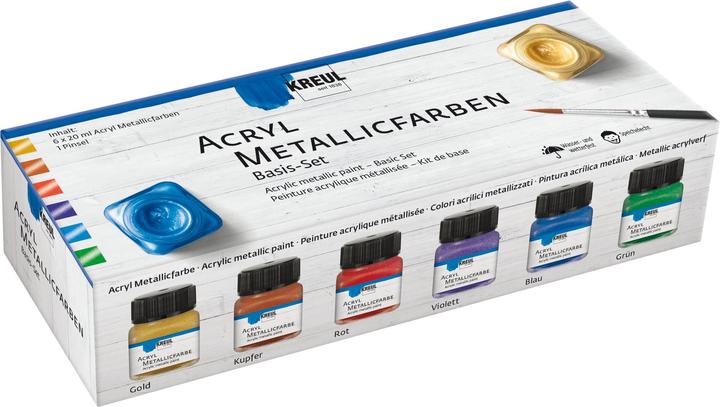 Actual product image Kreul acrylic metallic colours, basic set, 6 x 20 ml (Blue, Gold, Violet, Green, Red, Copper, 120 ml)