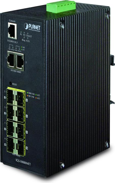 Produktbild Planet Industrial 8 100/1000X SFP+ 2-Port 10/100/1000T,Managed Switch -40-75 degrees C (8 Ports)