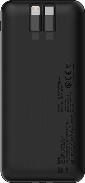 Produktbild Xlayer Powerbank 20.000 mAh mit zwei integrierten Kabeln PD 20W Black (20000 mAh, 20 W, 74 Wh)
