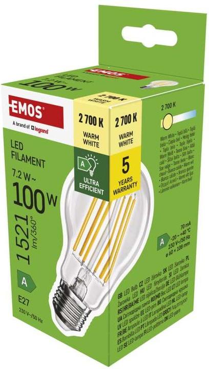 Produktbild Emos LED Lampe Filament (E27, 7.20 W, 1521 lm, 1 x, A)