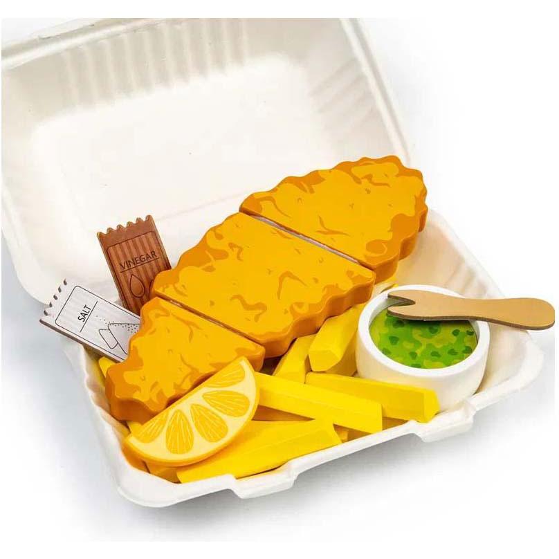 Bigjigs, Épicerie : accessoires, Fish and Chips-Spielset aus Holz, 26-teilig.