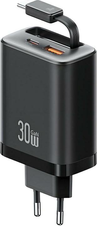 Image du produit Usams CC296 30W Fast Charger With Retractable Type-C Cable (EU) - Xiang Series Black (30 W, 2 ports)