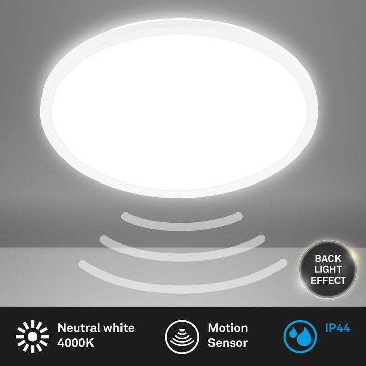 Image du produit Briloner Panneau LED ultra plat avec effet de rétroéclairage + Microwave, IP44, blanc (3000 lm)