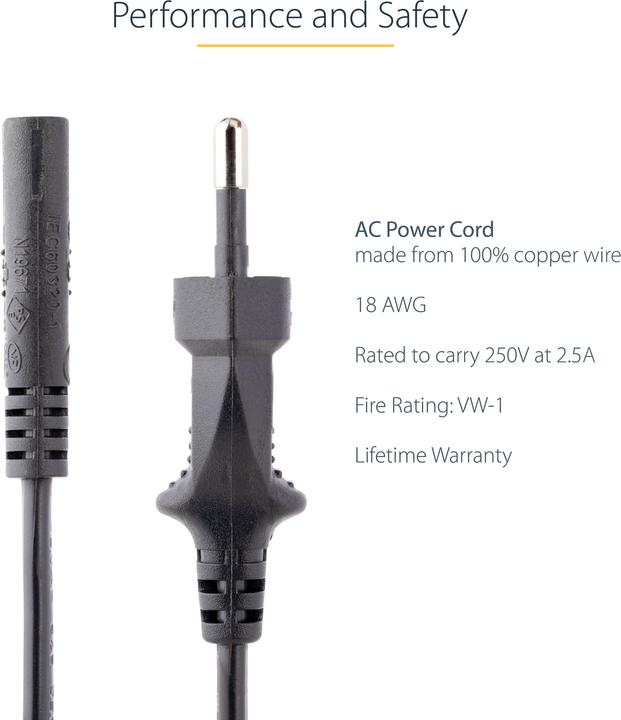 Actual product image StarTech com 2m (6ft) Laptop Power Cord, EU Plug to C7, 2.5A 250V, 18AWG, Laptop Replacement Cord, P (2 m)