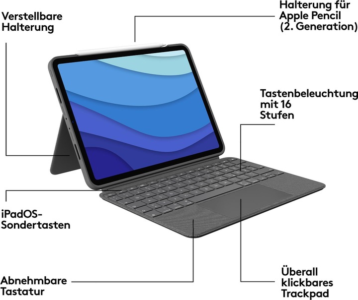 Produktbild Logitech Combo Touch (CH, iPad Pro 11 2021 (3. Gen), iPad Pro 11 2020 (2. Gen), iPad Pro 11 2018 (1. Gen), iPad Pro 11 2022 (4. Gen))