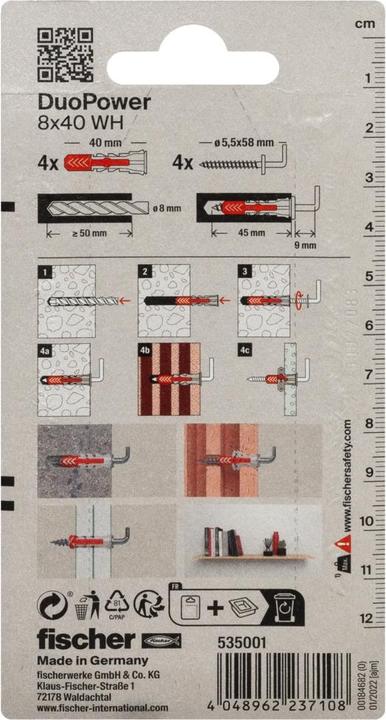 Image du produit Fischer SB Tampon en nylon Duopower avec crochet angulaire (4 pcs)