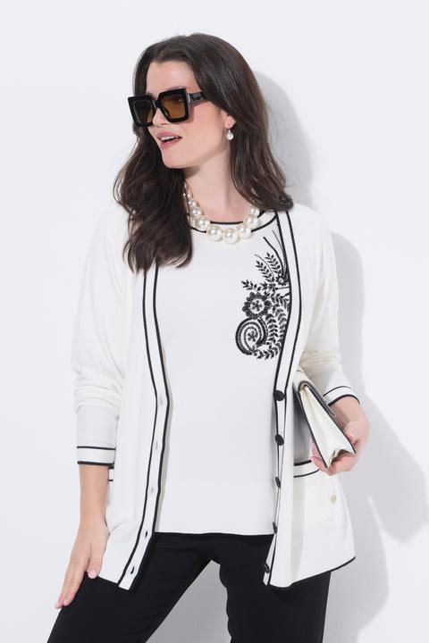 Produktbild Ulla Popken Twinset-Strickjacke, Streifen, V-Ausschnitt, Langarm (60)