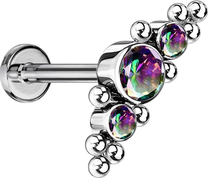 Immagine prodotto Star Piercing Micro Threadless Labret argento con palline e tre cristalli scuri multicolore (Titanio, senza ottone)