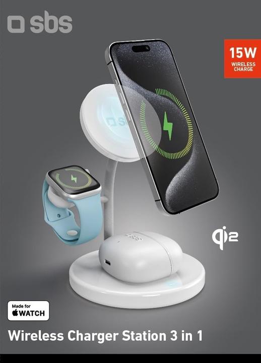 Produktbild SBS Kabellose Qi2 3x1-Ladestation für iPhone 16/15/14/13/12, Android-Smartphones, Apple Watch und kabell (15 W)