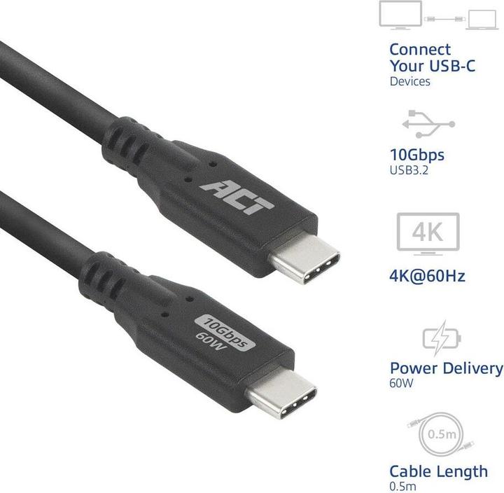 Produktbild ACT USB 3.0 10Gbps 60W USB Type-C« Cable, 0.5 meters (0.50 m, USB 3.0, USB 3.1, 60 W)