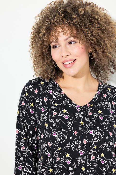 Actual product image Ulla Popken Scribble Print 3/4 Sleeve Split Neck Tee (54)
