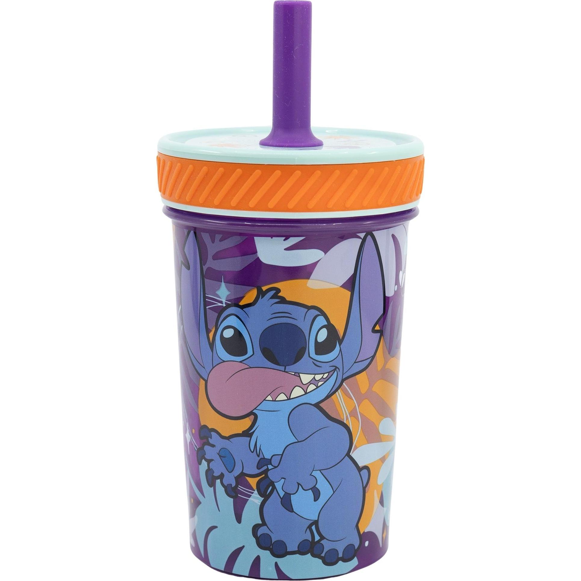 Stor, Kindergeschirr + Kinderbesteck, Stitch "Aloha" - Drop Safe - Auslaufsicherer Becher mit Silikonstrohhalm (370 ml)
