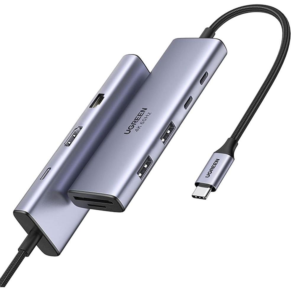 Ugreen HUB CM498 USB-C / 2xUSB-A, 2xUSB-C, HDMI, VGA, RJ45 1000Mbps, SD/TF, USB-C PD 100W szary, Docking station + Hub USB, Grigio