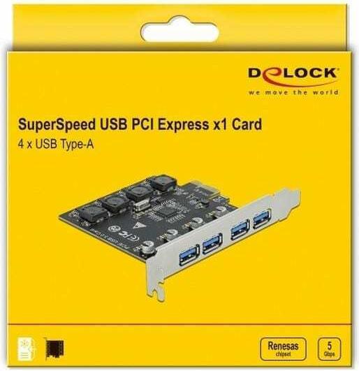 Actual product image Delock PCI Express x1 card to 4 x external USB Type-A socket SuperSpeed USB (USB 3.2 Gen 1)