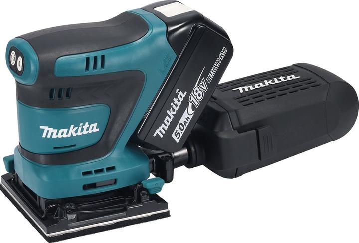 1x Makita DBO 480 Akku Schwingschleifer, 1x Staubbox, 2x Makita BL 1850 B 18 V 5,0 Ah Akku (197280-8), 1x Makita DC 18 RC Akku Schnell Ladegerät 7,2 V - 18 V (195584-2), 1x Makpac, 1x Universaleinlage