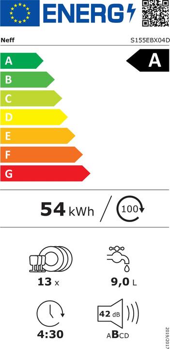 Energie-Label Neff Sets Geschirrspülen, S155EBX04D + Z780BI01, Geschirrspüler vollintegrierbar, GVLEA20