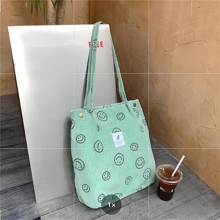 Only-Bags.Store Retro Corduroy Tote Bag, Smiling Face Print Shoulder Bag, Simple Handbag for School