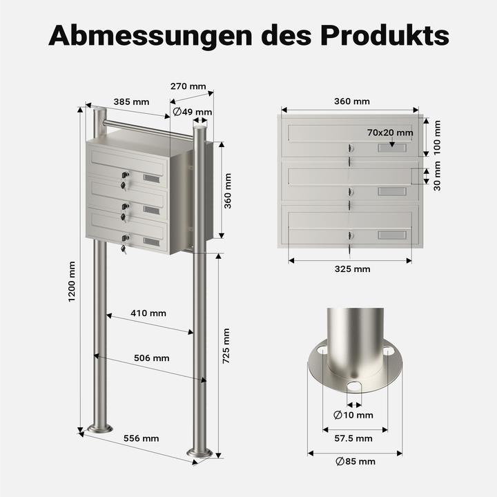 Actual product image Wiltec 3-post letterbox system stainless steel 512x270x1150mm Postal mailbox