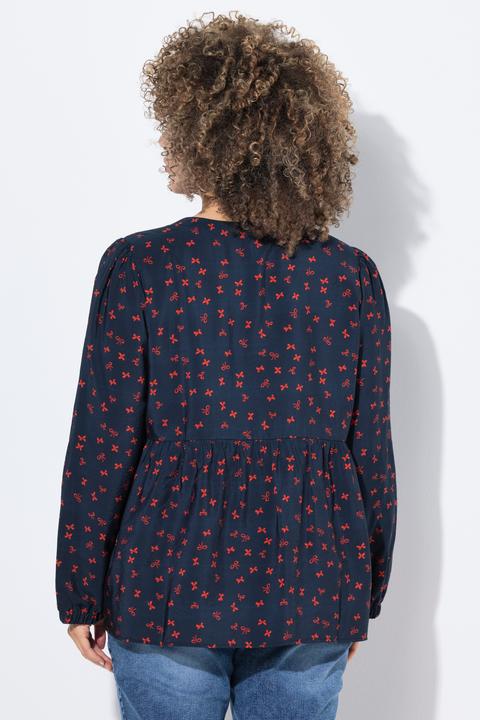 Image du produit Ulla Popken Blouse coupe évasée, imprimé petits noeuds, décolleté en V et manches longues (46, 48)