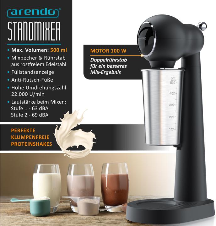Produktbild Arendo Getränkemixer mit Mixbecher für Protein Shakes oder Cocktails, 22.000 U/min, 500 ml Volumen, schwarz (100 W)