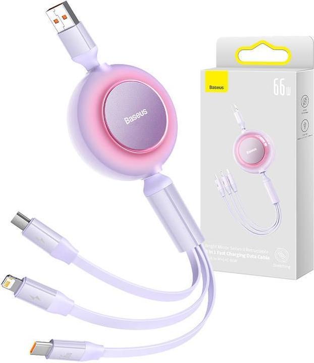 Actual product image Baseus Bright Mirror 3, USB 3-in-1 cable for micro USB / USB-C / Lightning 66W / 2A 1.1m (Purple) (1.10 m, 66 W)