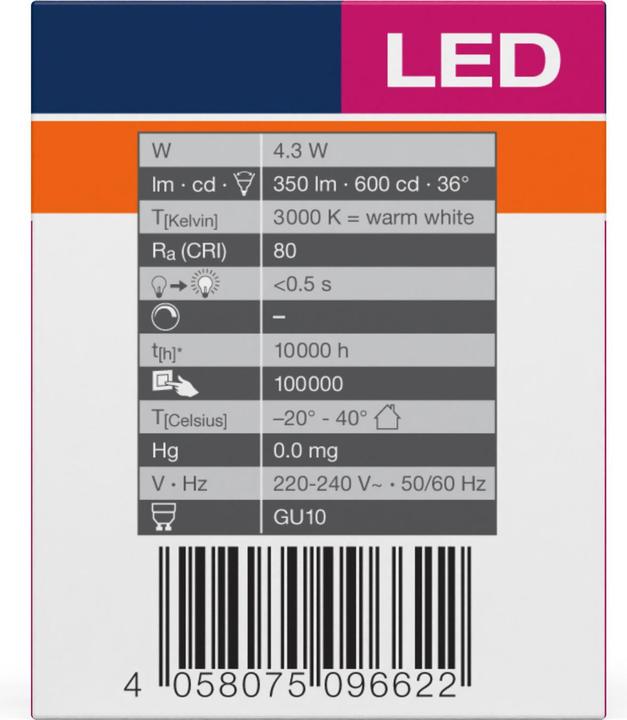Productafbeelding Osram LED Spot Waarde PAR16 36° 4.3W warm wit GU10 4058075096622 zoals 50W (GU10, 4.30 W, 350 lm, 10 x, F)