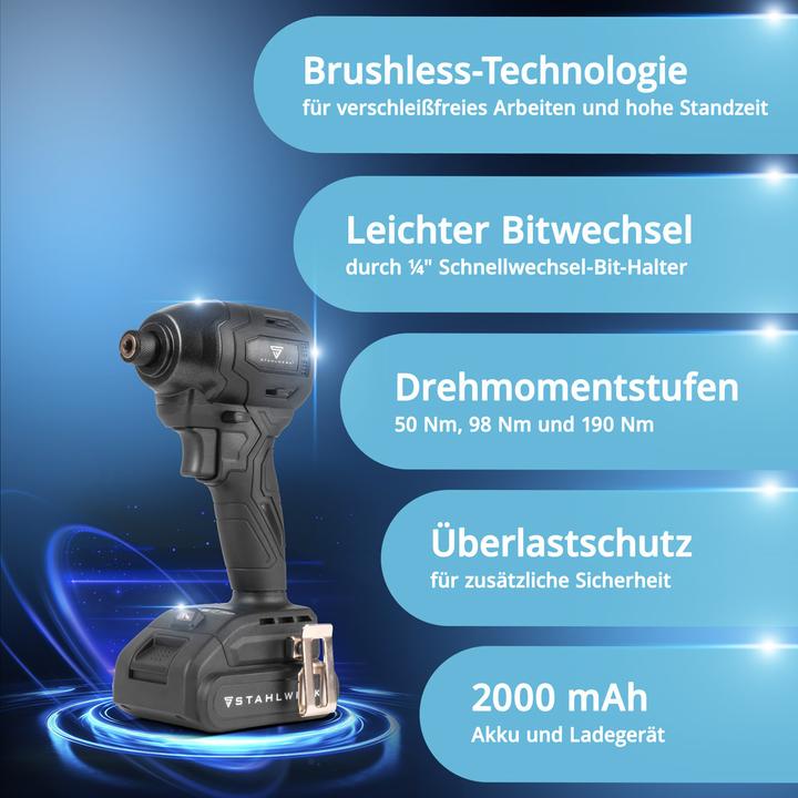 Produktbild Stahlwerk 20 V Akku Drehschlagschrauber 190 Nm 3200 U/min Brushless-Technologie 1/4" Hex-Bithalter
