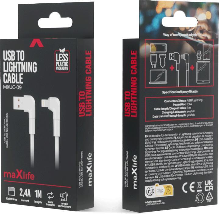 Produktbild Maxlife MXUC-09 Winkelkabel USB - Lightning 1,0 m 2,4A weiss (1 m, 12 W)