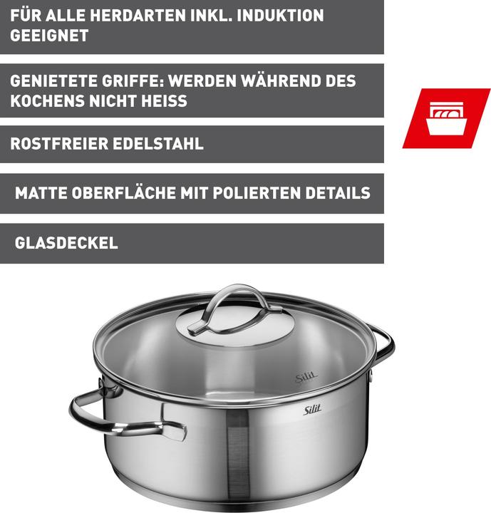 Produktbild Silit Kochtopf Bratentopf Induktion 24cm Glasdeckel 4,1l Achat Edelstahl (Bräter + Schmortopf, Edelstahl, 24 x 12.50 cm)