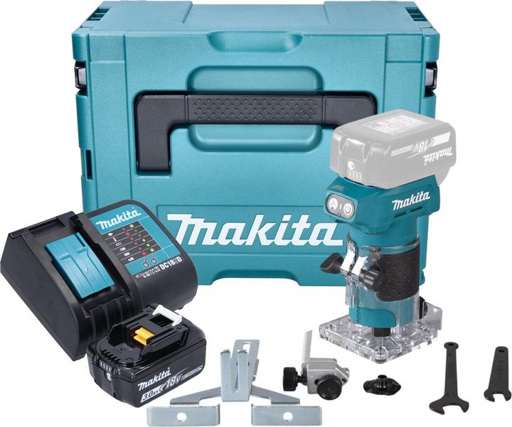 Actual product image Makita DRT 52 SF1J Cordless edge router 18 V 6 mm brushless + 1x battery 3.0 Ah + charger + Makpac