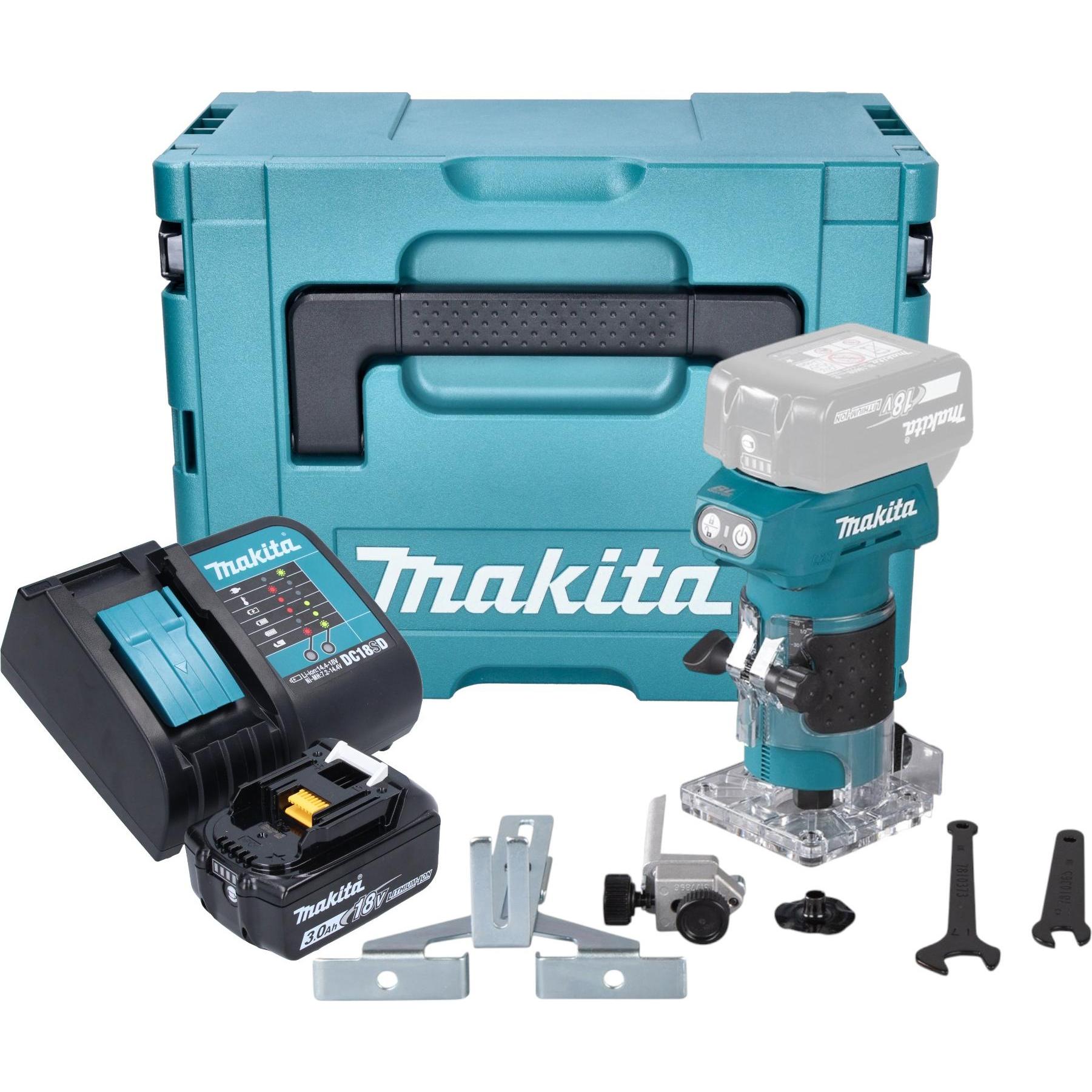 Makita, Fräse, DRT 52 SF1J Akku Kantenfräse 18 V 6 mm Brushless + 1x Akku 3,0 Ah + Ladegerät + Makpac