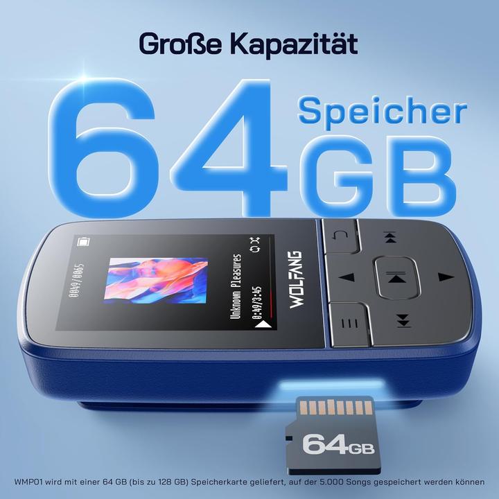 Actual product image Wolfang MP3-Player mit Bluetooth 5.2 & Sportclip (64 GB)
