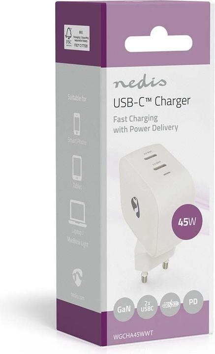 Immagine prodotto Nedis Netzladegerät | 45 W | GaN | PD3.0 | Schnellladefunktion | 2.25 A / 3.0 A | Anzahl der Ausgäng (45 W)