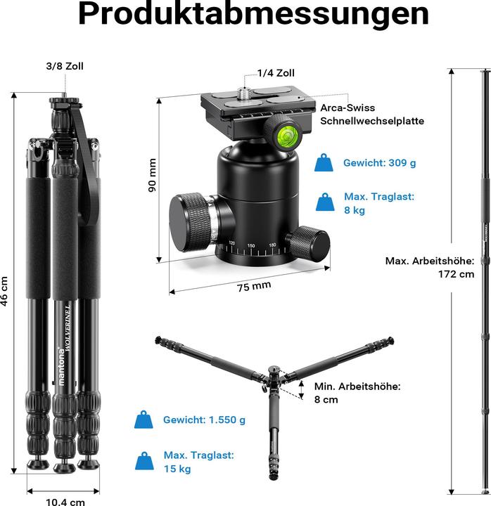 Produktbild mantona Wolverine L 284 + Onyx 8 Kugelkopf Set Stativkopf Fotostativ Aluminium (Kunststoff, Metall)