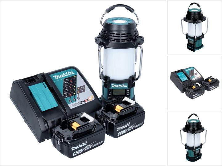 Image du produit Makita DMR056RG Radio de chantier sans fil FM/DAB+ IP65 360° 18V avec lanterne + 2x Batteries 6,0Ah (AM, DAB+ DAB, FM, Bluetooth)