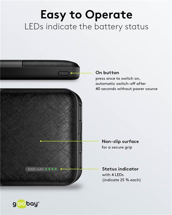 Image du produit Goobay Banque d'énergie compacte 5 000 mAh (5000 mAh, 10.50 W, 3.70 Wh)