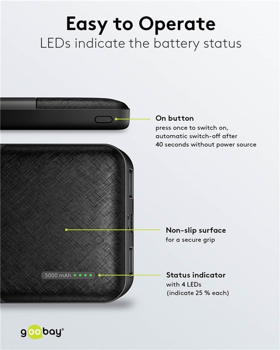 Actual product image Goobay Powerbank Compact 5.000 mAh (5000 mAh, 10.50 W, 3.70 Wh)