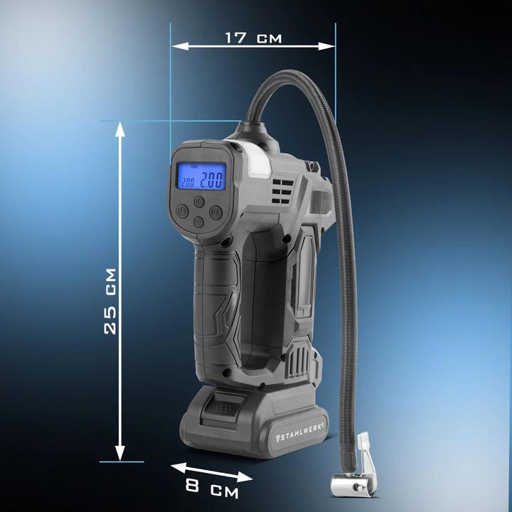 Produktbild Stahlwerk Akku Druckluftkompressor – 72 Watt Leistung und 2000 mAh Akku (10.30 Bar)
