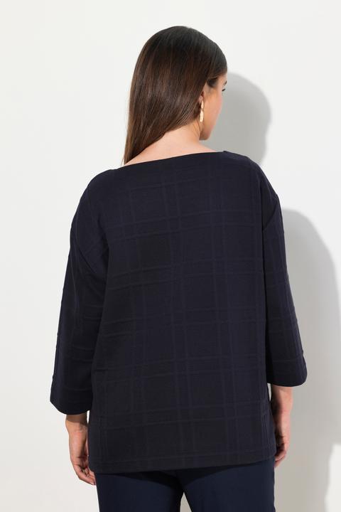 Actual product image Ulla Popken Textured Grid Check 3/4 Sleeve Boat Neck Sweatshirt (46, 48)