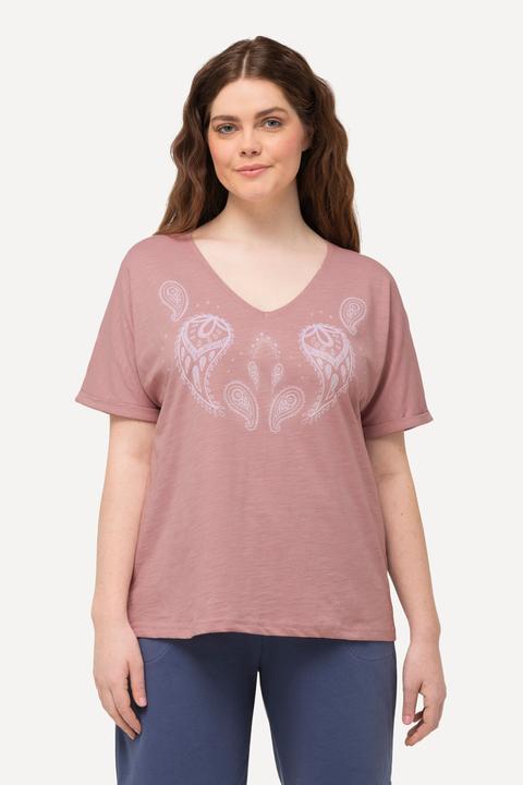 Immagine prodotto Ulla Popken T-shirt con stampa floccata, scollo a V, mezze maniche e cotone biologico (50, 52)