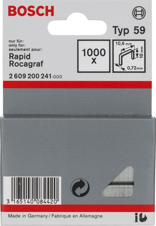 Produktbild Bosch Professional Zubehör Feindrahtklammer Typ 59, 10,6 x 0,72 x 10 mm, 1000er-Pack