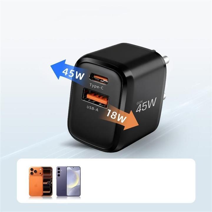 Image du produit Tech-Protect NCA45W-GAN 2-PORT NETZLADEGERÄT PD 45W / QC3.0 + TYPE-C KABEL SCHWARZ (45 W, 2 ports)