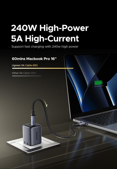 Image du produit Ugreen - Data Cable L706 (65383) - USB-C to USB-C, 80Gbps, 240W, 1m - Black (1 m, USB 4.0, 240 W)